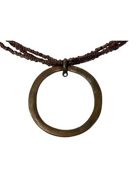 Seed Beaded Necklace Bronze-Tone Circle Pendant Boho Artsy Choker 17"